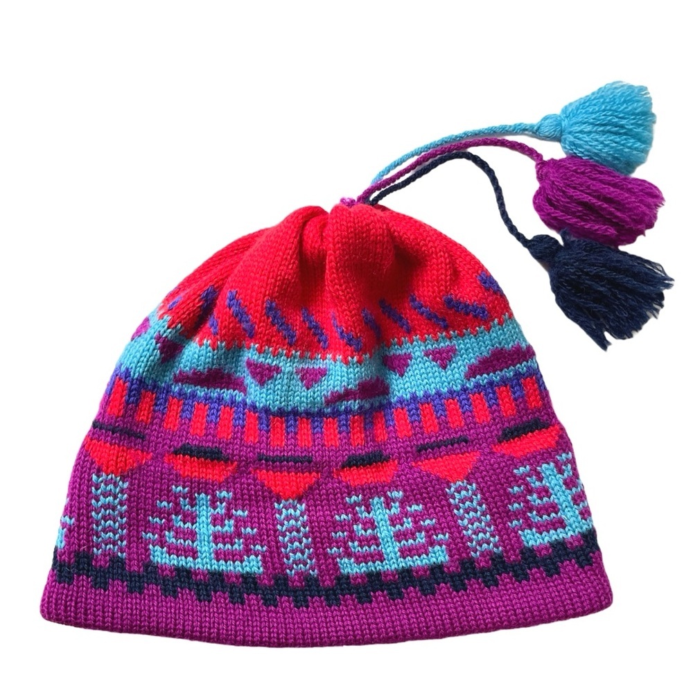 Colourful Vintage 100% Wool Toque Hat, Fleece Lined, Tassels, Made in Canada